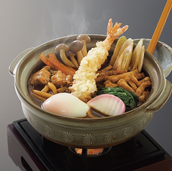 ①海老天鍋焼きうどん 1,199円(税込)／②海老天味噌煮込みうどん 1,309円(税込)